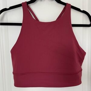 Lululemon longline energy high neck sports bra in the color mulled wine.